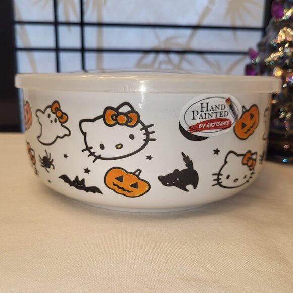 Hello Kitty Hand Painted Halloween Pumpkin Vented Ceramic Food Storage Bowl NWT - Picture 1 of 4